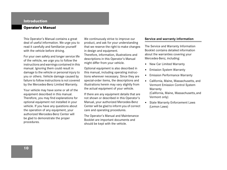 Operator’s manual, Service and warranty:information, Service and warranty information | Mercedes-Benz SLK-Class 2007 Owners Manual User Manual | Page 11 / 473
