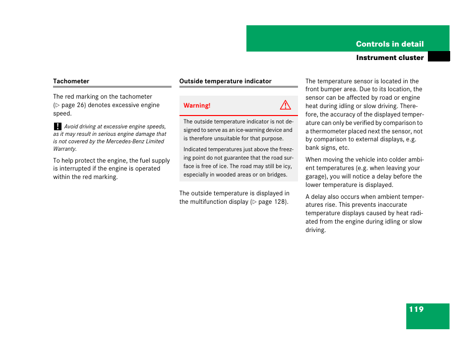 Engine:tachometer, Outside temperature indicator, Tachometer outside temperature indicator | Mercedes-Benz SLK-Class 2007 Owners Manual User Manual | Page 120 / 473