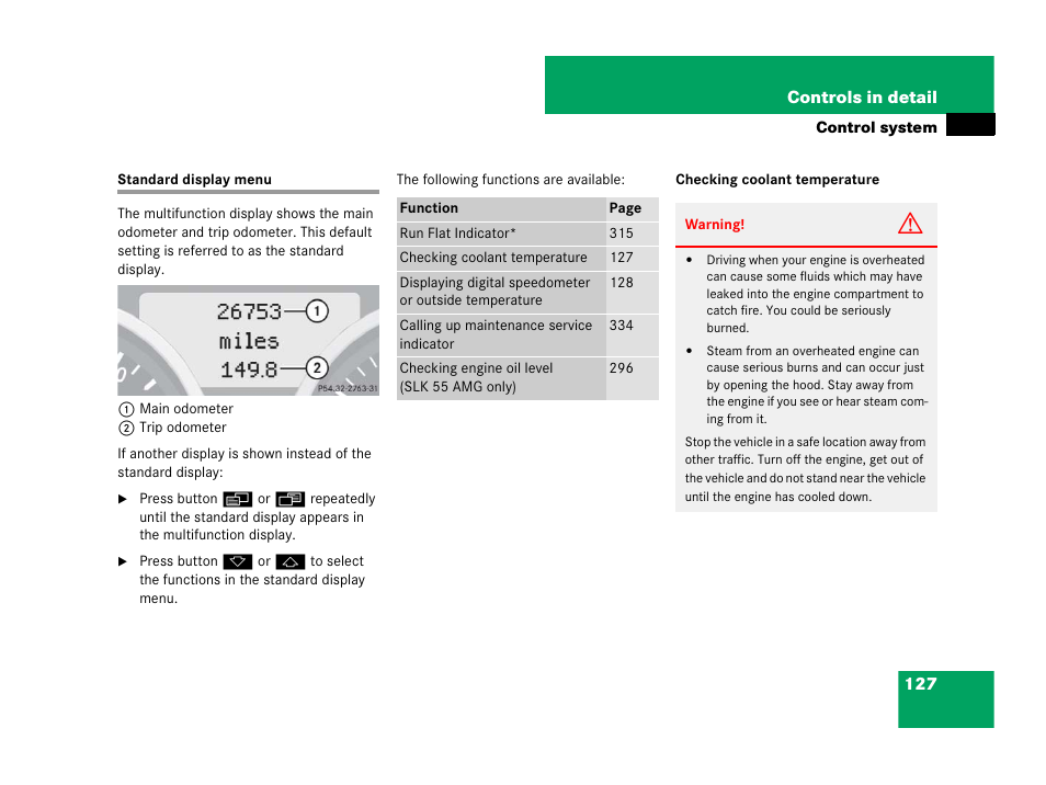 Control system menus:standard display, Standard display menu, Menu | Mercedes-Benz SLK-Class 2007 Owners Manual User Manual | Page 128 / 473