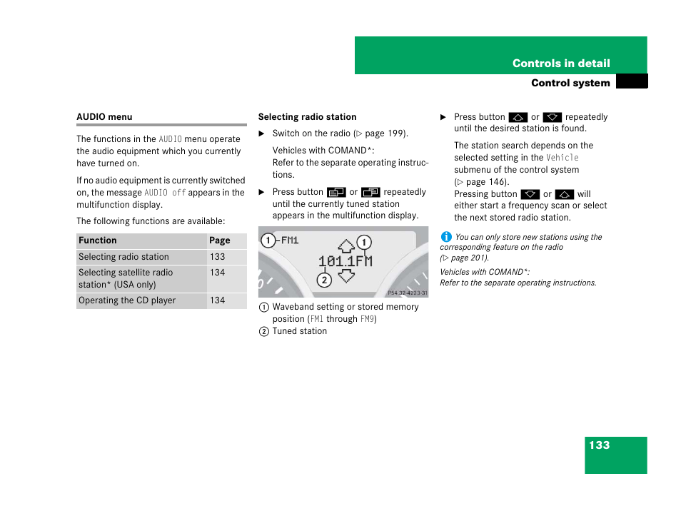 Control system menus:audio, Audio menu | Mercedes-Benz SLK-Class 2007 Owners Manual User Manual | Page 134 / 473