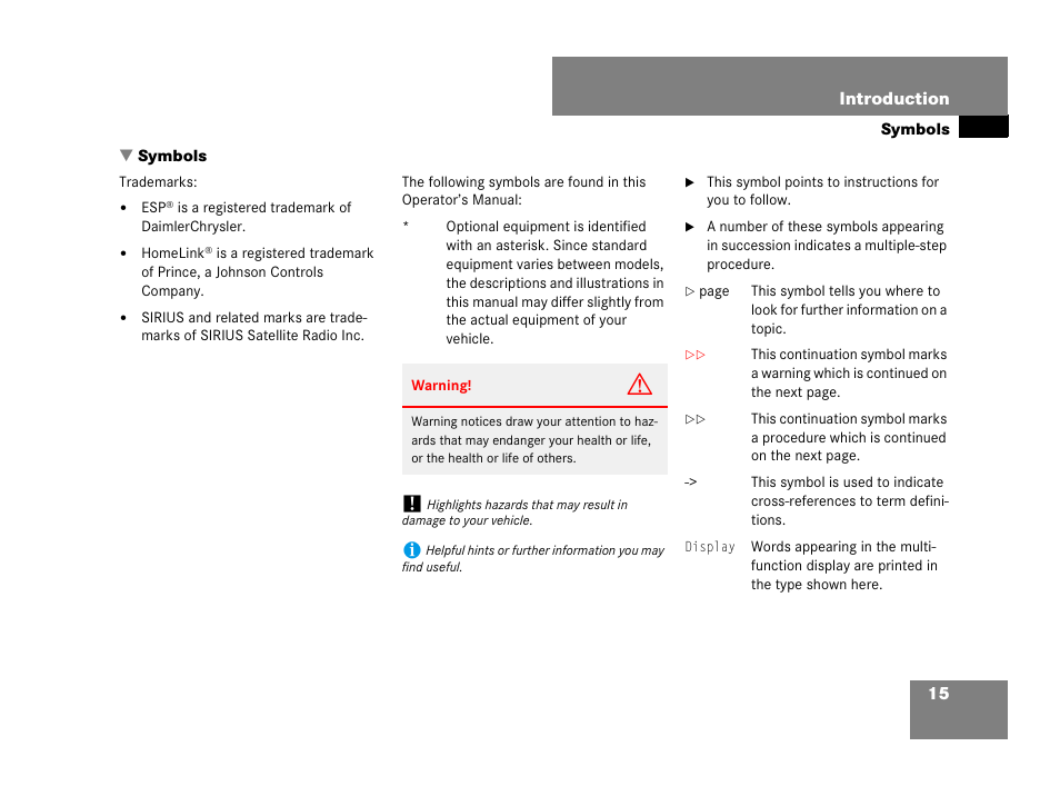 Symbols | Mercedes-Benz SLK-Class 2007 Owners Manual User Manual | Page 16 / 473