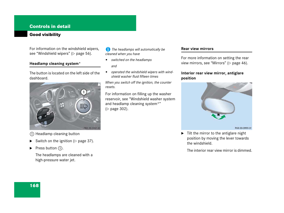 Good visibility, Headlamps:cleaning system, Headlamp cleaning system* rear view mirrors | Mercedes-Benz SLK-Class 2007 Owners Manual User Manual | Page 169 / 473