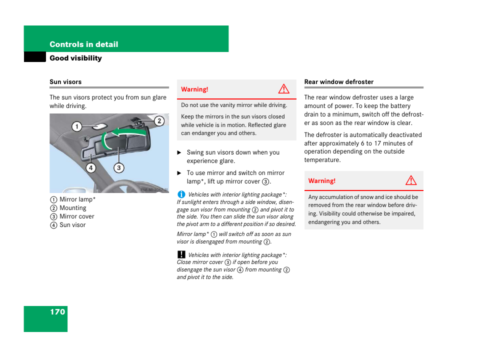 Sun visors, Rear window defroster, Sun visors rear window defroster | Mercedes-Benz SLK-Class 2007 Owners Manual User Manual | Page 171 / 473