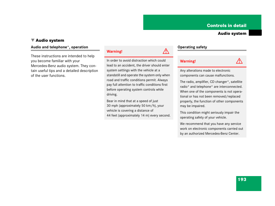 Audio system, Audio system:audio and telephone*, operation, Operating safety | Audio and telephone*, operation operating safety | Mercedes-Benz SLK-Class 2007 Owners Manual User Manual | Page 194 / 473