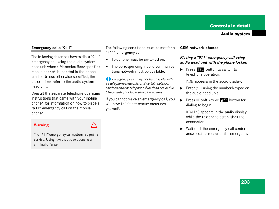 Emergency call (911), Emergency calls “911 | Mercedes-Benz SLK-Class 2007 Owners Manual User Manual | Page 234 / 473