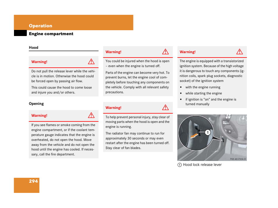 Engine:compartment, Hood, Engine compartment | Ood, see “hood | Mercedes-Benz SLK-Class 2007 Owners Manual User Manual | Page 295 / 473