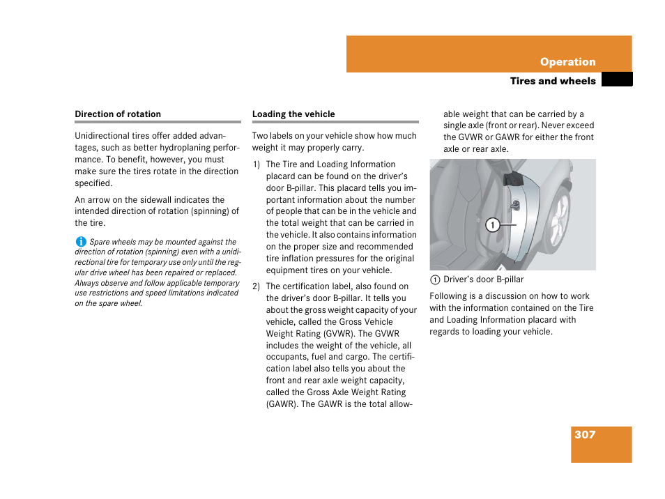 Direction of rotation (tires), Loading, Direction of rotation loading the vehicle | Mercedes-Benz SLK-Class 2007 Owners Manual User Manual | Page 308 / 473