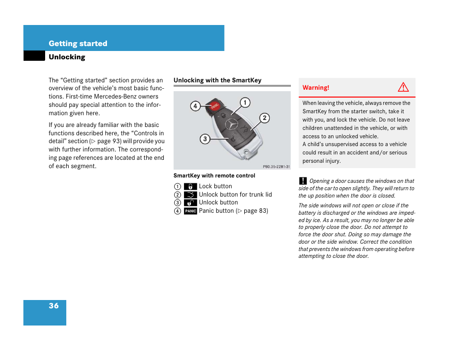 Unlocking, Unlocking:with smartkey, Unlocking with the smartkey | Mercedes-Benz SLK-Class 2007 Owners Manual User Manual | Page 37 / 473