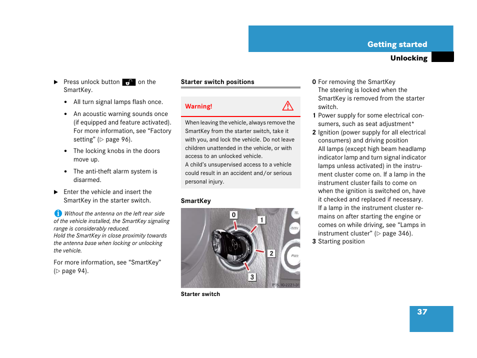 Starter switch positions | Mercedes-Benz SLK-Class 2007 Owners Manual User Manual | Page 38 / 473