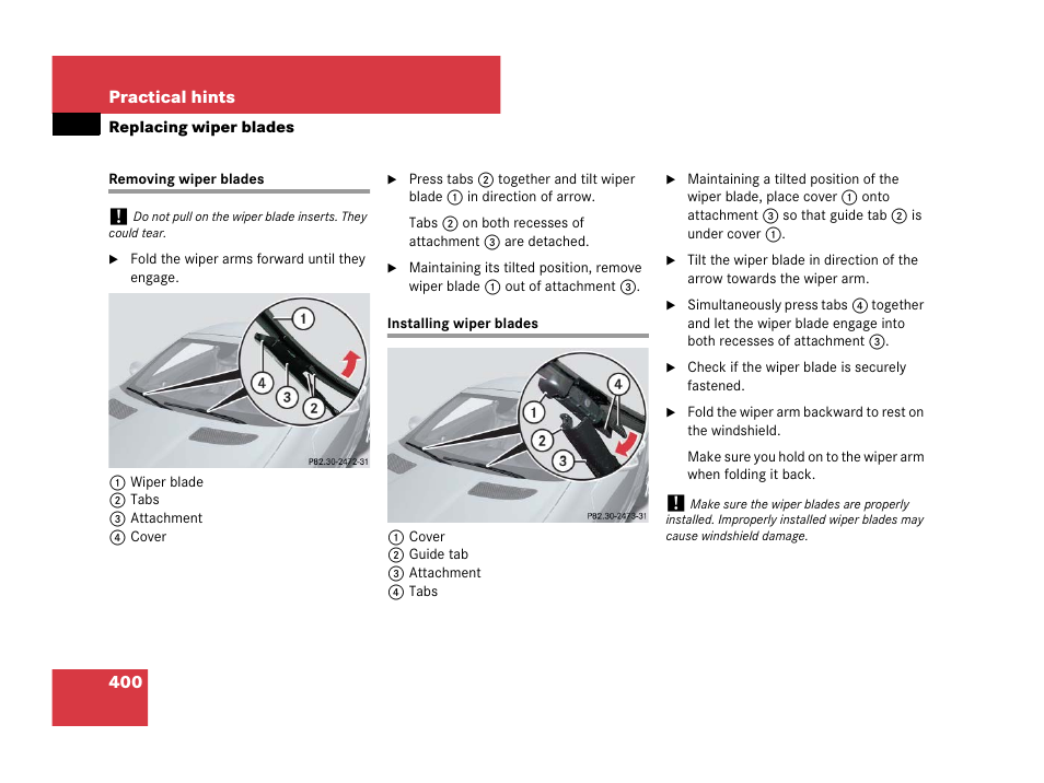 Removing wiper blades, Installing wiper blades, Removing wiper blades installing wiper blades | Mercedes-Benz SLK-Class 2007 Owners Manual User Manual | Page 401 / 473