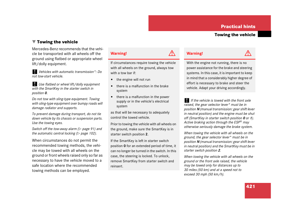 Towing (vehicle), Towing the vehicle | Mercedes-Benz SLK-Class 2007 Owners Manual User Manual | Page 422 / 473