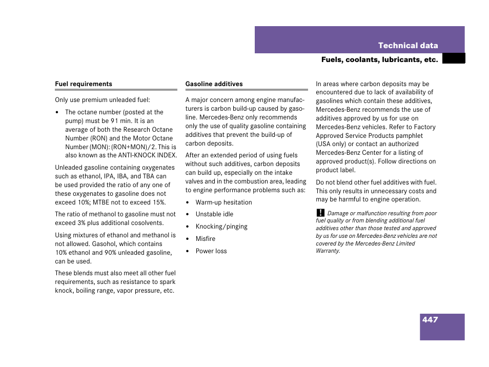 Technical data:fuel requirements, Fuel requirements gasoline additives | Mercedes-Benz SLK-Class 2007 Owners Manual User Manual | Page 448 / 473