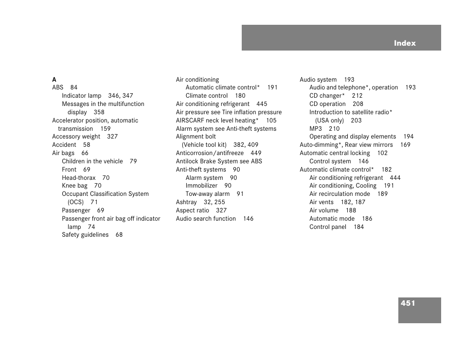 Index | Mercedes-Benz SLK-Class 2007 Owners Manual User Manual | Page 452 / 473