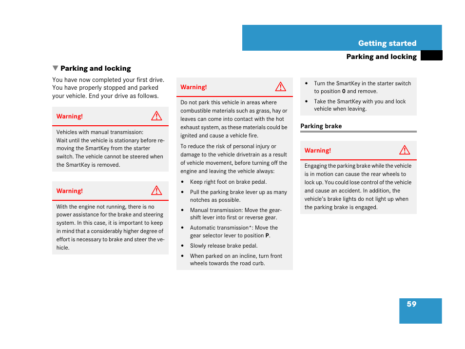 Parking, Parking brake, Parking and locking | Mercedes-Benz SLK-Class 2007 Owners Manual User Manual | Page 60 / 473