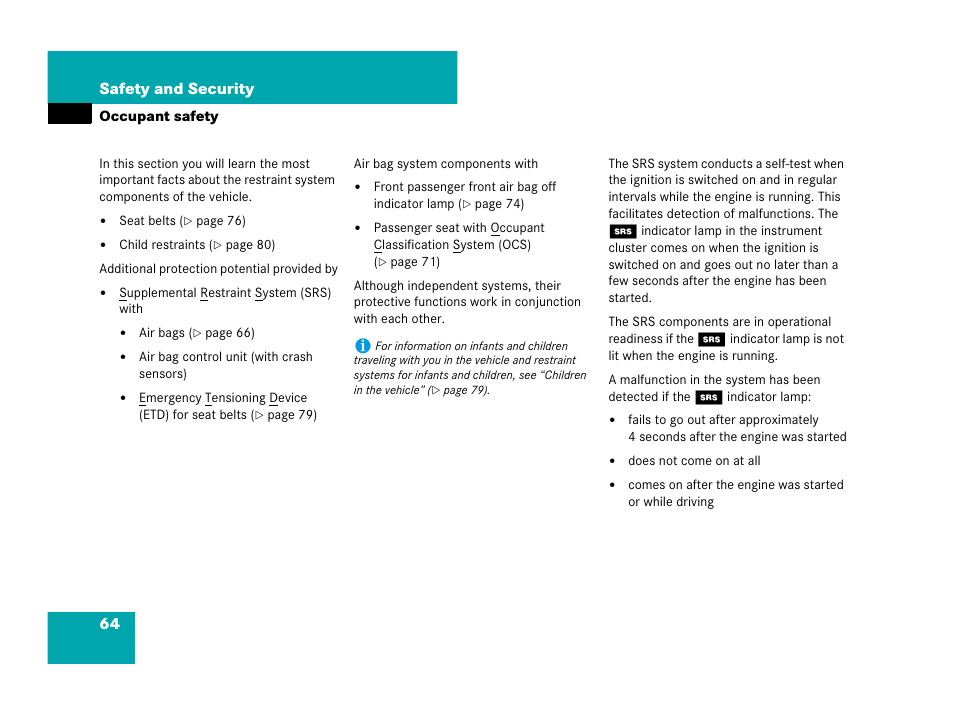 Occupant safety, 64 safety and security | Mercedes-Benz SLK-Class 2007 Owners Manual User Manual | Page 65 / 473