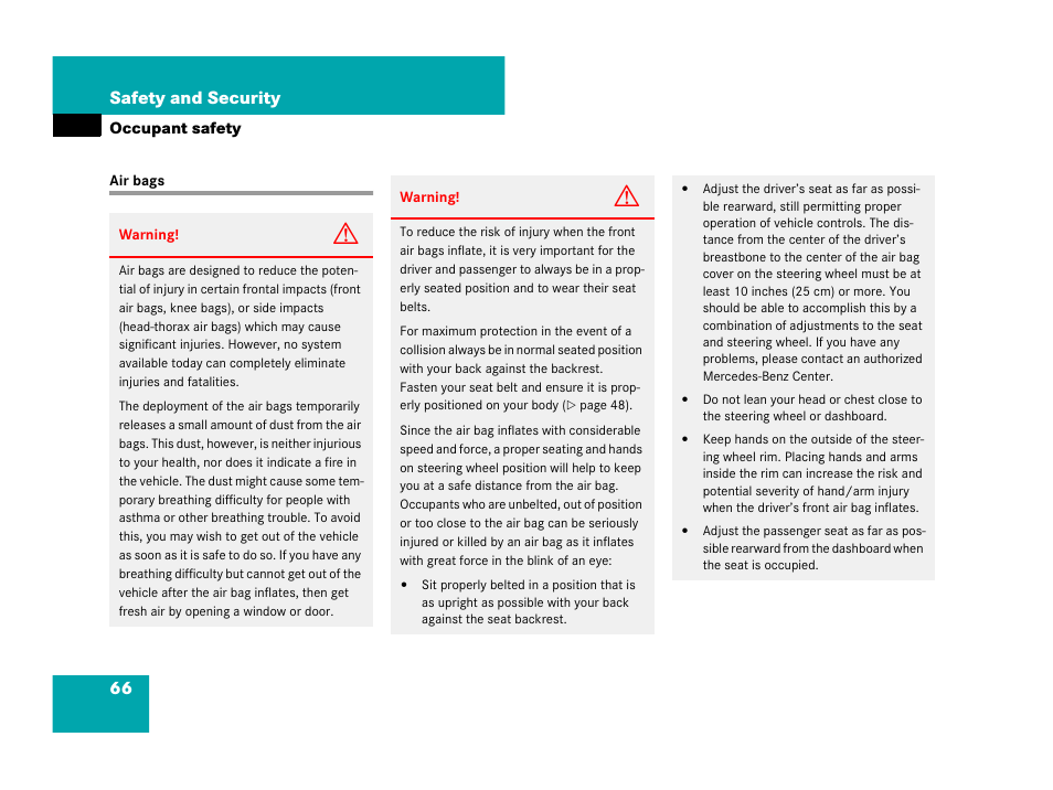 Air bags, 66 safety and security | Mercedes-Benz SLK-Class 2007 Owners Manual User Manual | Page 67 / 473