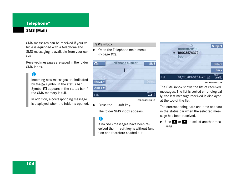 Sms (mail), Sms inbox | Mercedes-Benz SLK-Class 2007 COMAND Manual User Manual | Page 105 / 187
