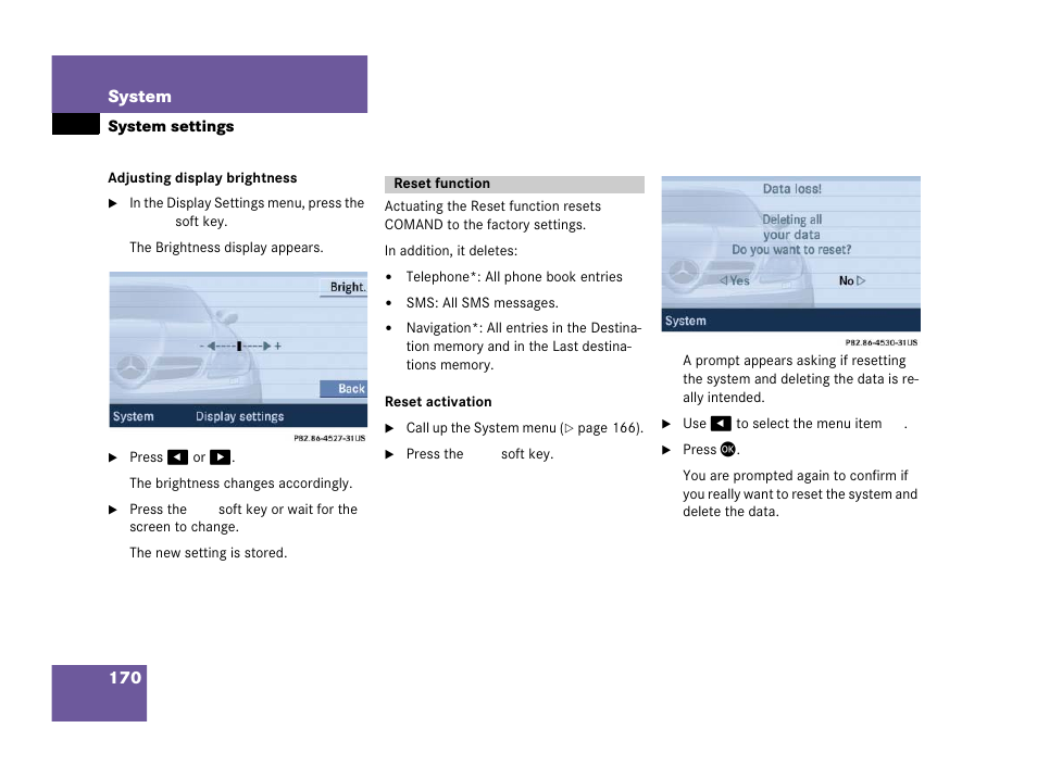 Reset function, Play brightness | Mercedes-Benz SLK-Class 2007 COMAND Manual User Manual | Page 171 / 187