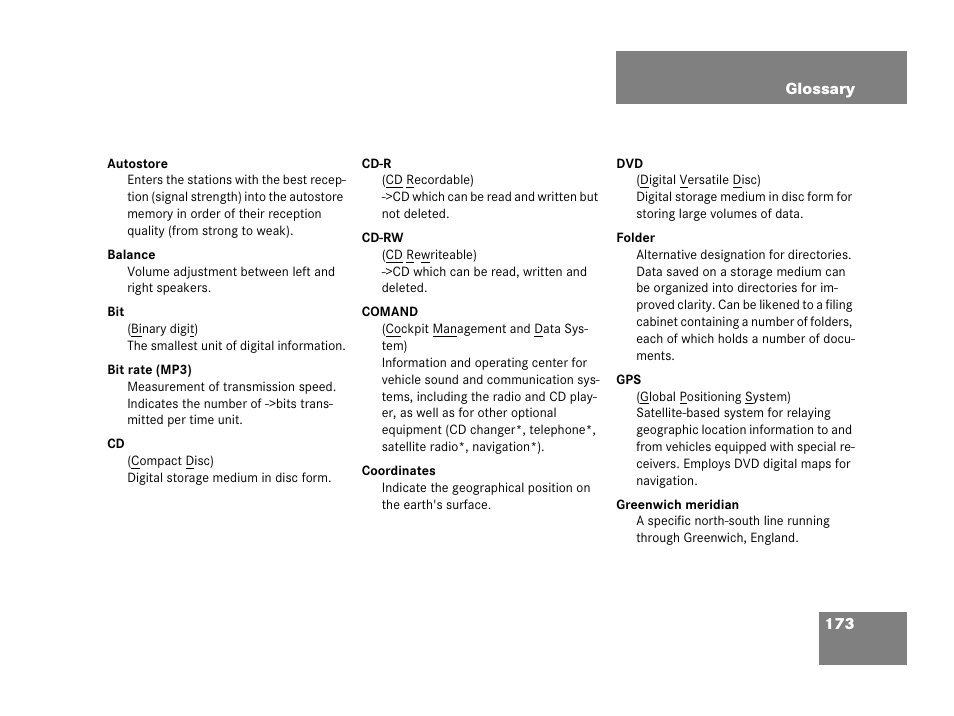 Glossary | Mercedes-Benz SLK-Class 2007 COMAND Manual User Manual | Page 174 / 187