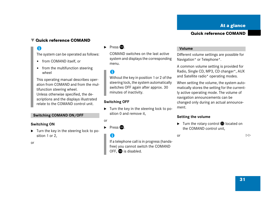 Quick reference comand, Switching comand on/off, Volume | Switching comand on/off volume | Mercedes-Benz SLK-Class 2007 COMAND Manual User Manual | Page 32 / 187