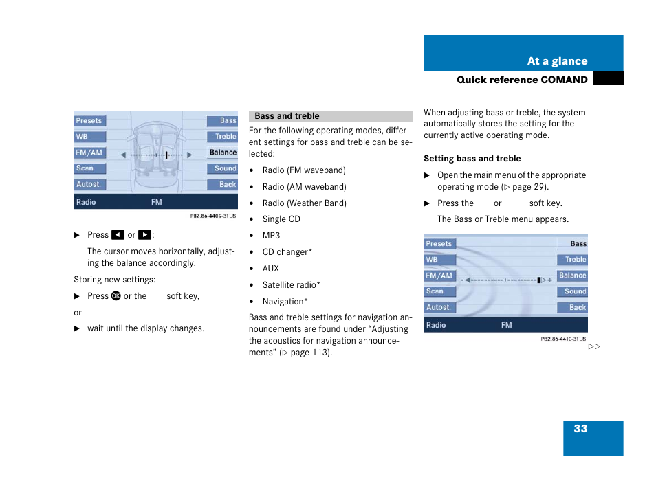 Bass and treble, 33 at a glance | Mercedes-Benz SLK-Class 2007 COMAND Manual User Manual | Page 34 / 187