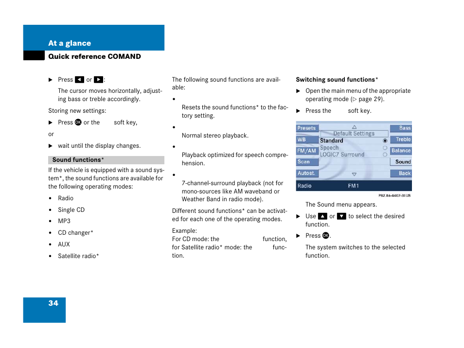 Sound functions, 34 at a glance | Mercedes-Benz SLK-Class 2007 COMAND Manual User Manual | Page 35 / 187