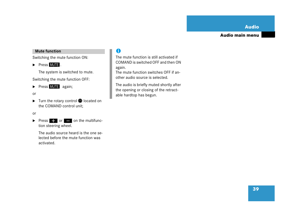 Mute function | Mercedes-Benz SLK-Class 2007 COMAND Manual User Manual | Page 40 / 187