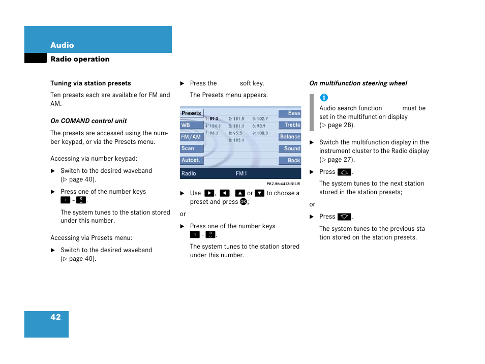 Presets, Tuni, Tuning via station presets | Mercedes-Benz SLK-Class 2007 COMAND Manual User Manual | Page 43 / 187