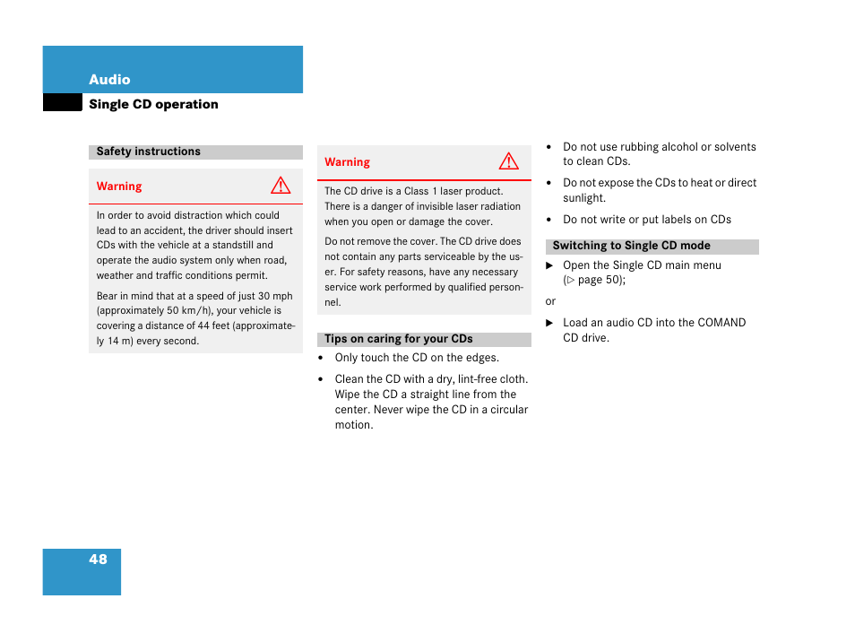 Single cd operation, Safety instructions, Tips on caring for your cds | Switching to single cd mode | Mercedes-Benz SLK-Class 2007 COMAND Manual User Manual | Page 49 / 187