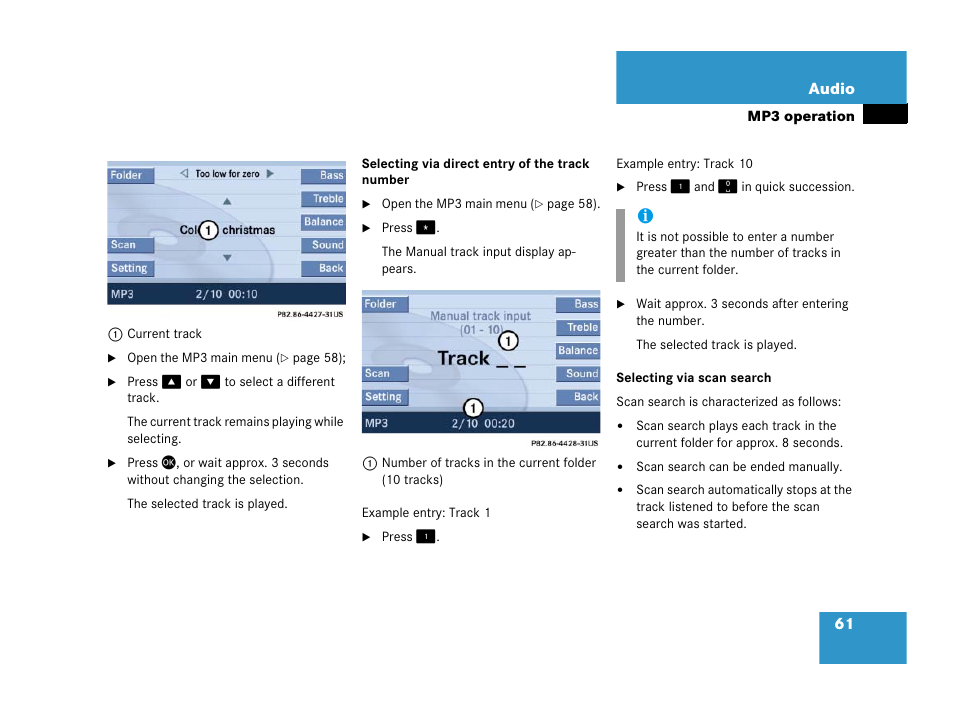 Selecting via direct entry of the track number, Selecting via scan search | Mercedes-Benz SLK-Class 2007 COMAND Manual User Manual | Page 62 / 187