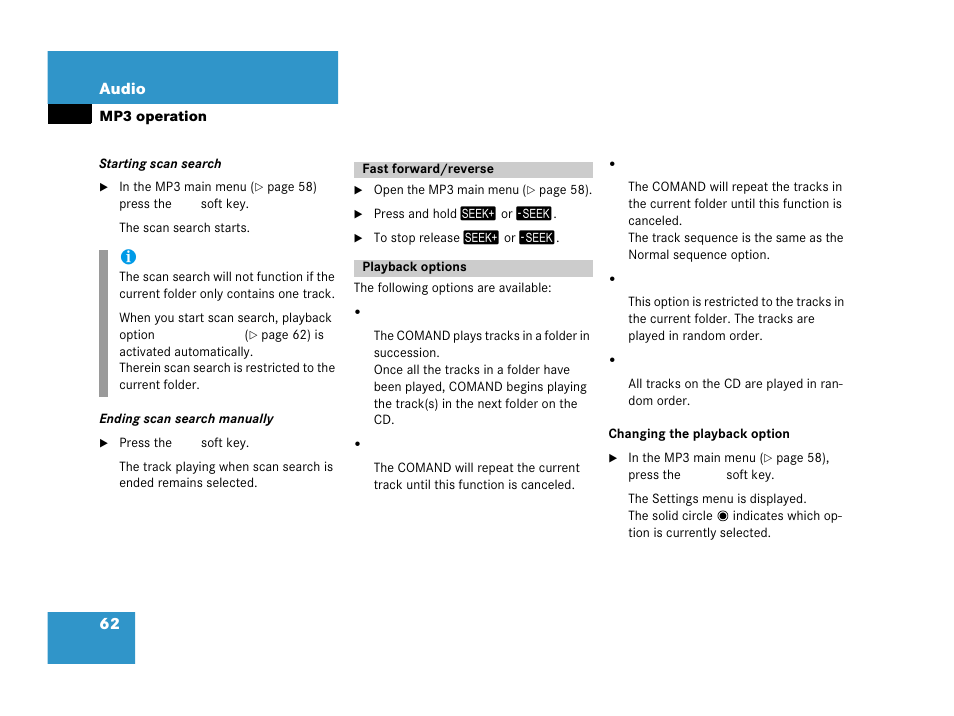Fast forward/reverse, Playback options, Fast forward/reverse playback options | Mercedes-Benz SLK-Class 2007 COMAND Manual User Manual | Page 63 / 187