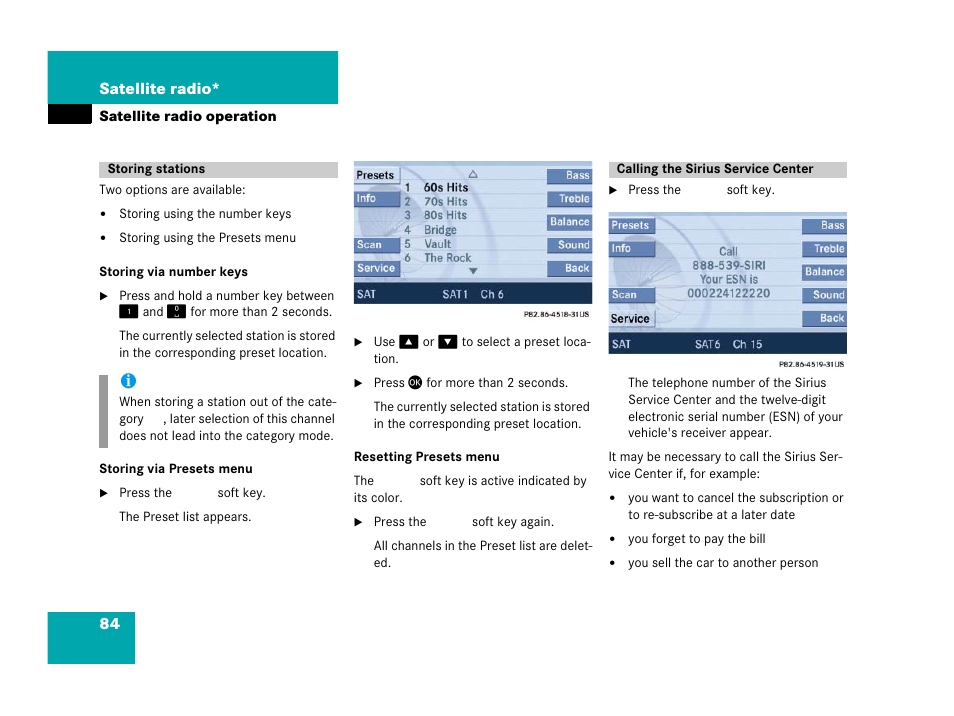 Storing stations, Calling the sirius service center, Storing stations calling the sirius service center | Mercedes-Benz SLK-Class 2007 COMAND Manual User Manual | Page 85 / 187