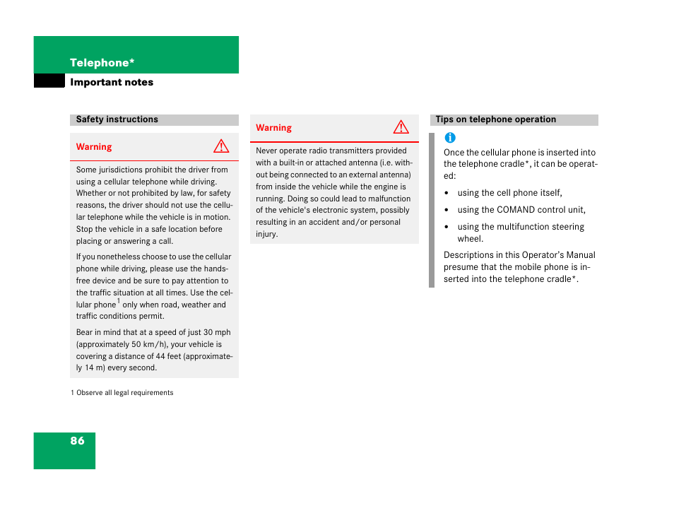 Important notes, Safety instructions, Tips on telephone operation | Safety instructions tips on telephone operation | Mercedes-Benz SLK-Class 2007 COMAND Manual User Manual | Page 87 / 187