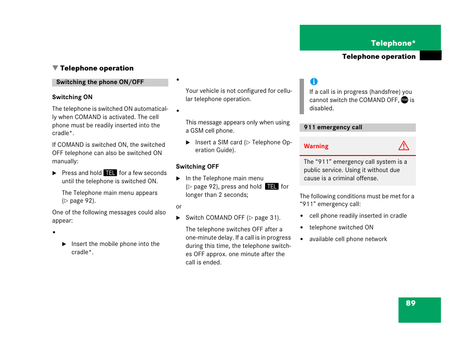 Telephone operation, Switching the phone on/off, 911 emergency call | Switching the phone on/off 911 emergency call | Mercedes-Benz SLK-Class 2007 COMAND Manual User Manual | Page 90 / 187