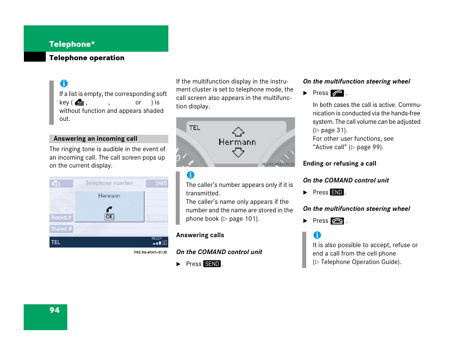 Answering an incoming call | Mercedes-Benz SLK-Class 2007 COMAND Manual User Manual | Page 95 / 187