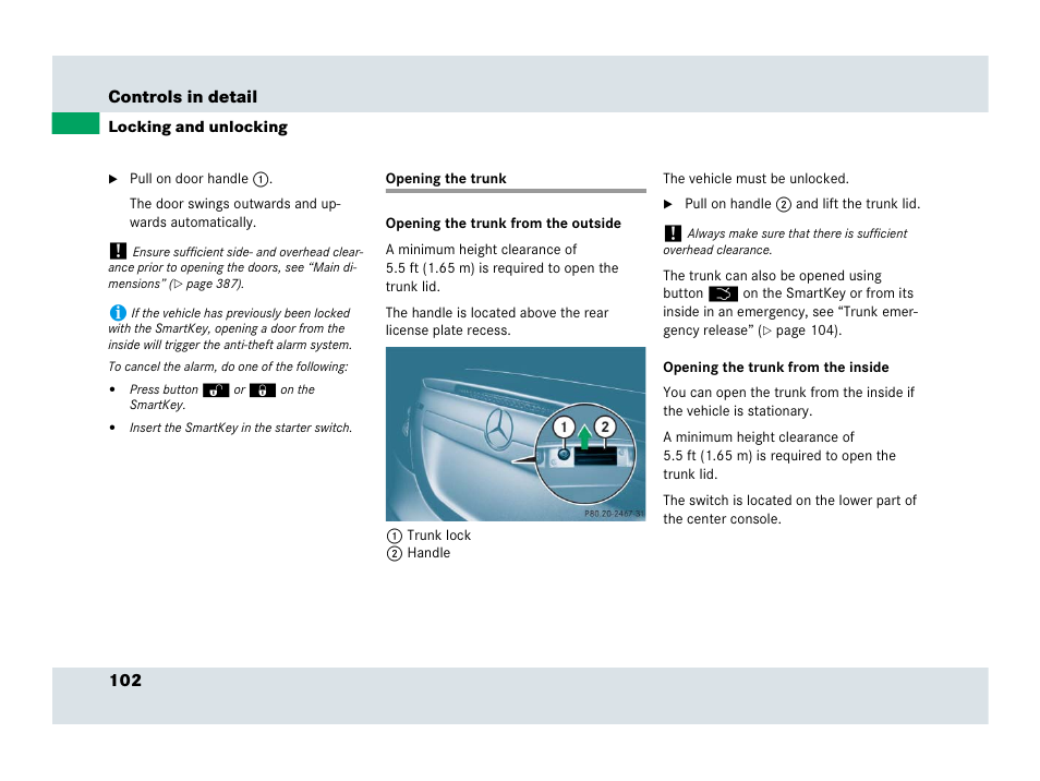 Opening the trunk | Mercedes-Benz SLR-Class 2007 User Manual | Page 103 / 425