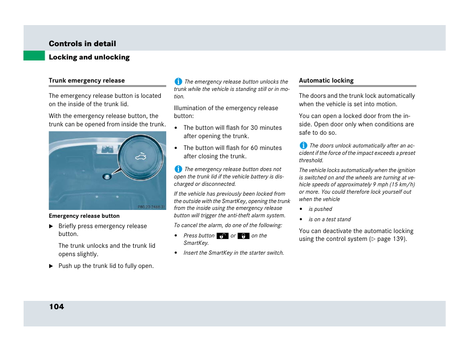 Trunk emergency release, Automatic locking, Trunk emergency release automatic locking | See “trunk emer- gency release | Mercedes-Benz SLR-Class 2007 User Manual | Page 105 / 425