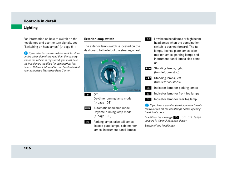 Lighting, Exterior lamp switch, See “lighting | Mercedes-Benz SLR-Class 2007 User Manual | Page 107 / 425