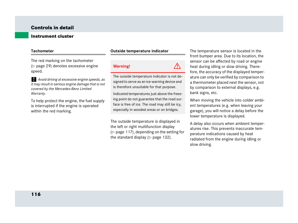 Tachometer, Outside temperature indicator, Tachometer outside temperature indicator | Mercedes-Benz SLR-Class 2007 User Manual | Page 117 / 425
