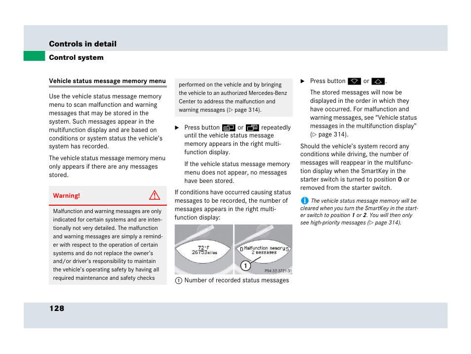 Vehicle status message memory menu | Mercedes-Benz SLR-Class 2007 User Manual | Page 129 / 425