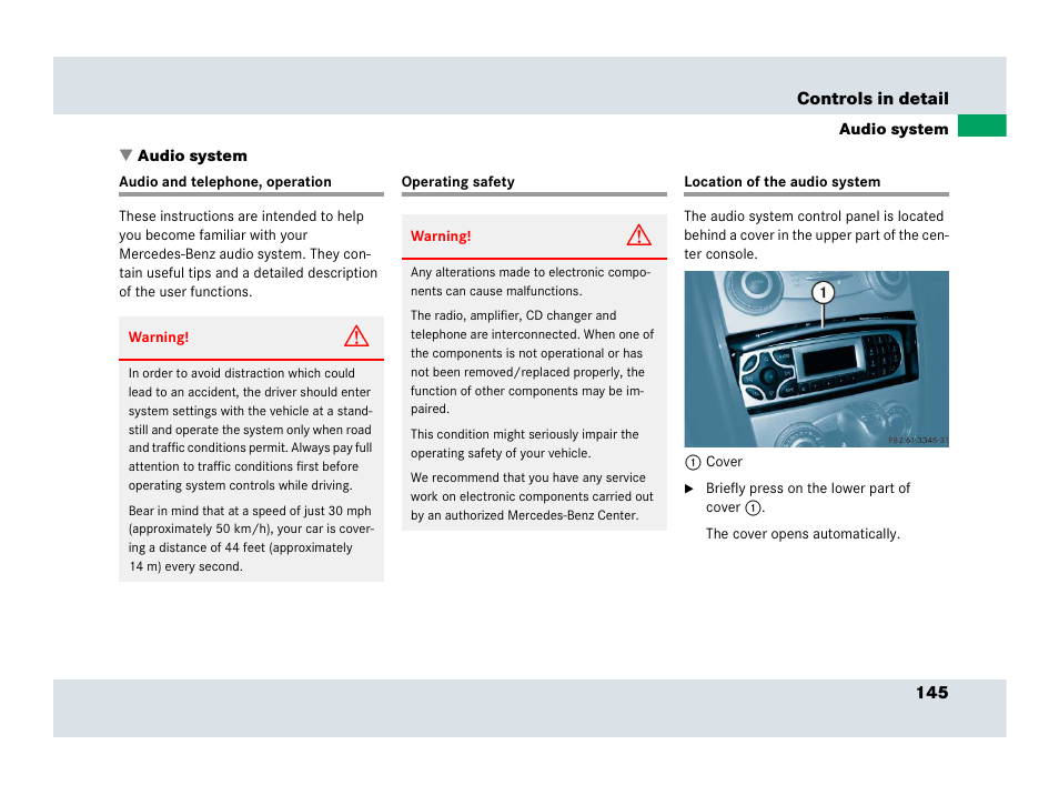 Audio system, Audio and telephone, operation, Operating safety | Location on the audio system | Mercedes-Benz SLR-Class 2007 User Manual | Page 146 / 425