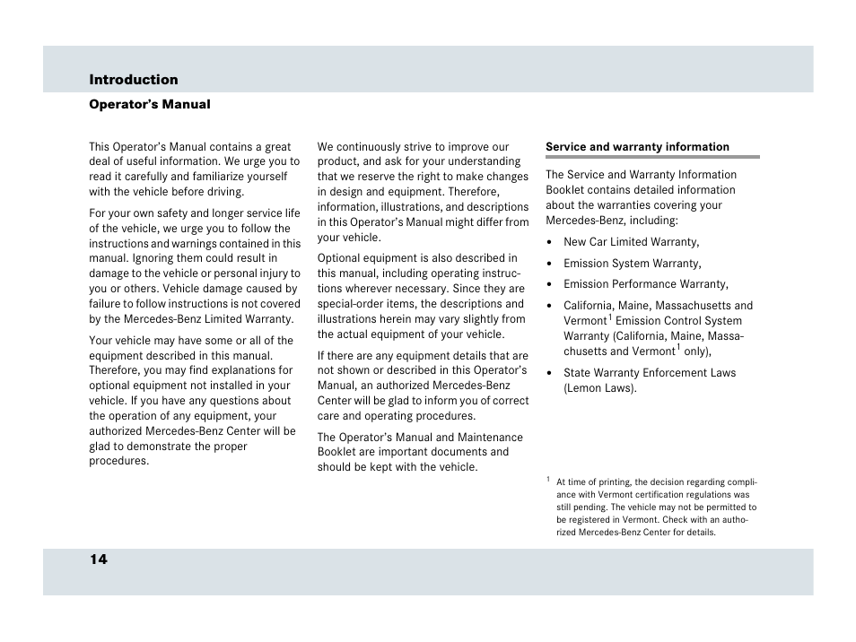 Warranty coverage, Operator’s manual, Service and warranty information | Mercedes-Benz SLR-Class 2007 User Manual | Page 15 / 425