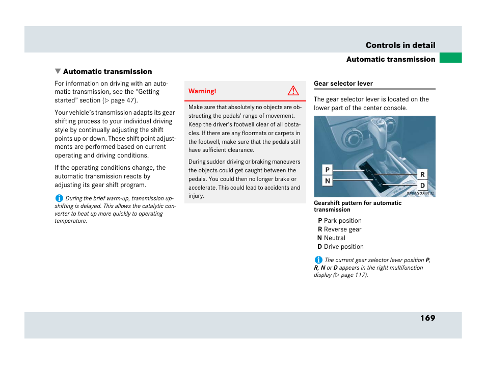 Automatic transmission, Gear selector lever, On, see “automatic transmission | Mercedes-Benz SLR-Class 2007 User Manual | Page 170 / 425