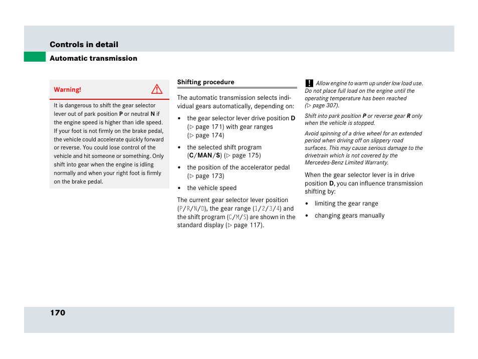 Shifting procedure, 170 controls in detail | Mercedes-Benz SLR-Class 2007 User Manual | Page 171 / 425