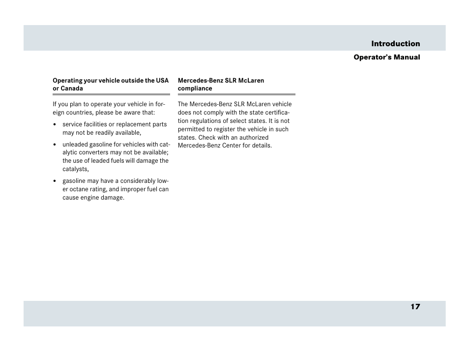Operating your vehicle outside the usa or canada, Mercedes-benz slr mclaren compliance | Mercedes-Benz SLR-Class 2007 User Manual | Page 18 / 425