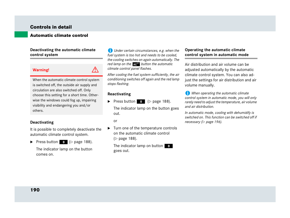 Automatic climate control:deactivating system | Mercedes-Benz SLR-Class 2007 User Manual | Page 191 / 425