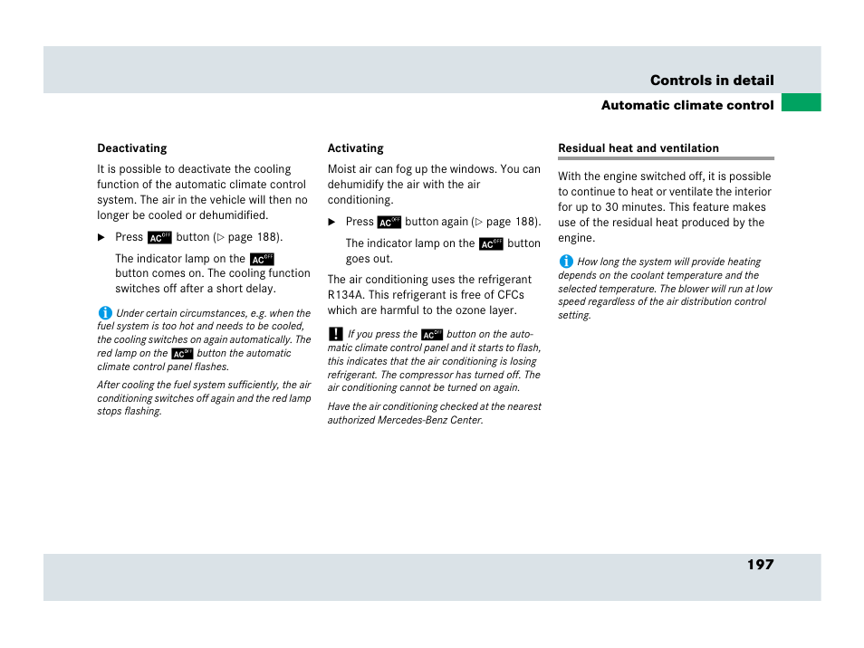 Residual heat and ventilation | Mercedes-Benz SLR-Class 2007 User Manual | Page 198 / 425