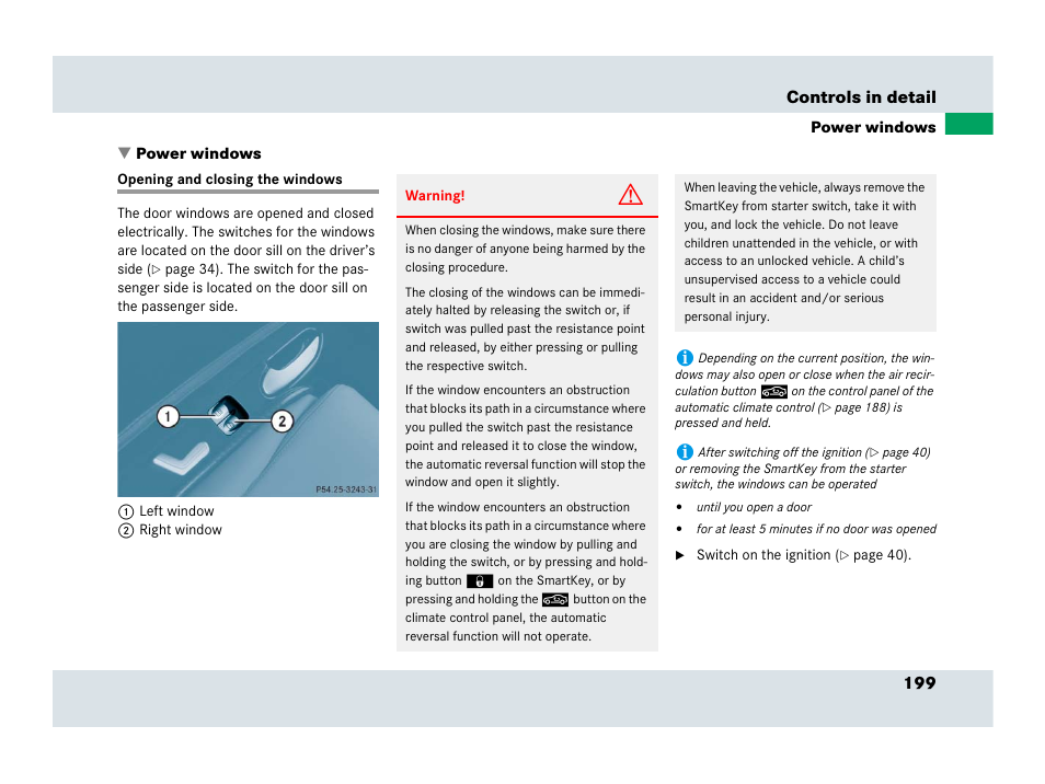Power windows, Opening and closing the windows, Opening and closing the windows. 199 | 199 controls in detail | Mercedes-Benz SLR-Class 2007 User Manual | Page 200 / 425