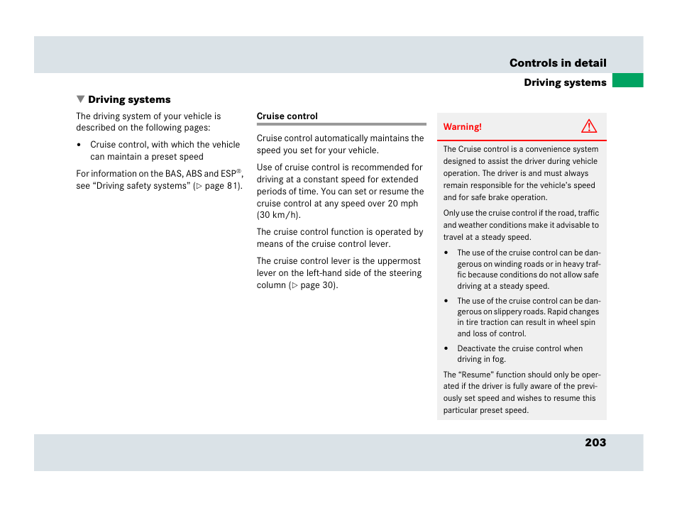 Driving systems, Cruise control | Mercedes-Benz SLR-Class 2007 User Manual | Page 204 / 425