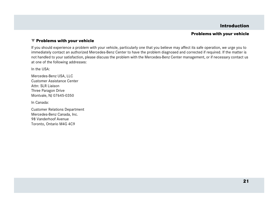 Problems with the vehicle, Problems with your vehicle | Mercedes-Benz SLR-Class 2007 User Manual | Page 22 / 425